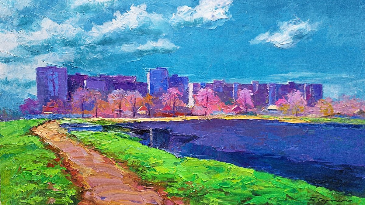 Impressionistic Landscape Oil Painting By Boris Serdyuk, 28 X 16, Over The River, Original Artwork