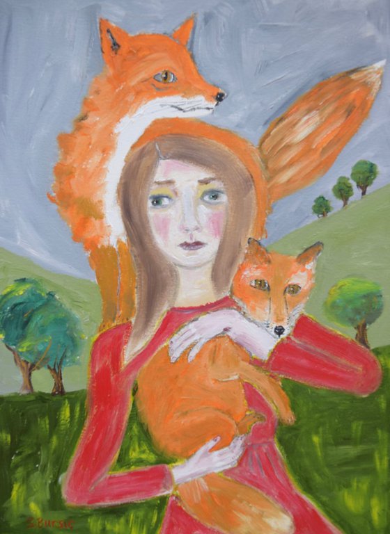 Girl with her fox friends