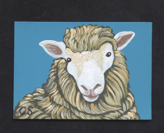 ACEO ATC Original Miniature Painting Sheep Farmyard Art-Carla Smale
