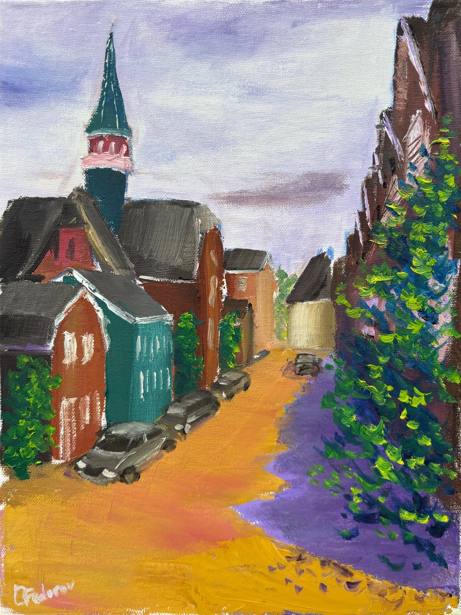 Impressionistic Cityscapes Oil Painting By Dmitry Fedorov, 12 X 16, Church In Dutch Town, Original Artwork