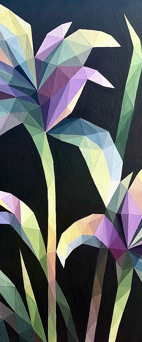 LILAC IRISES ON BLACK by Maria Tuzhilkina