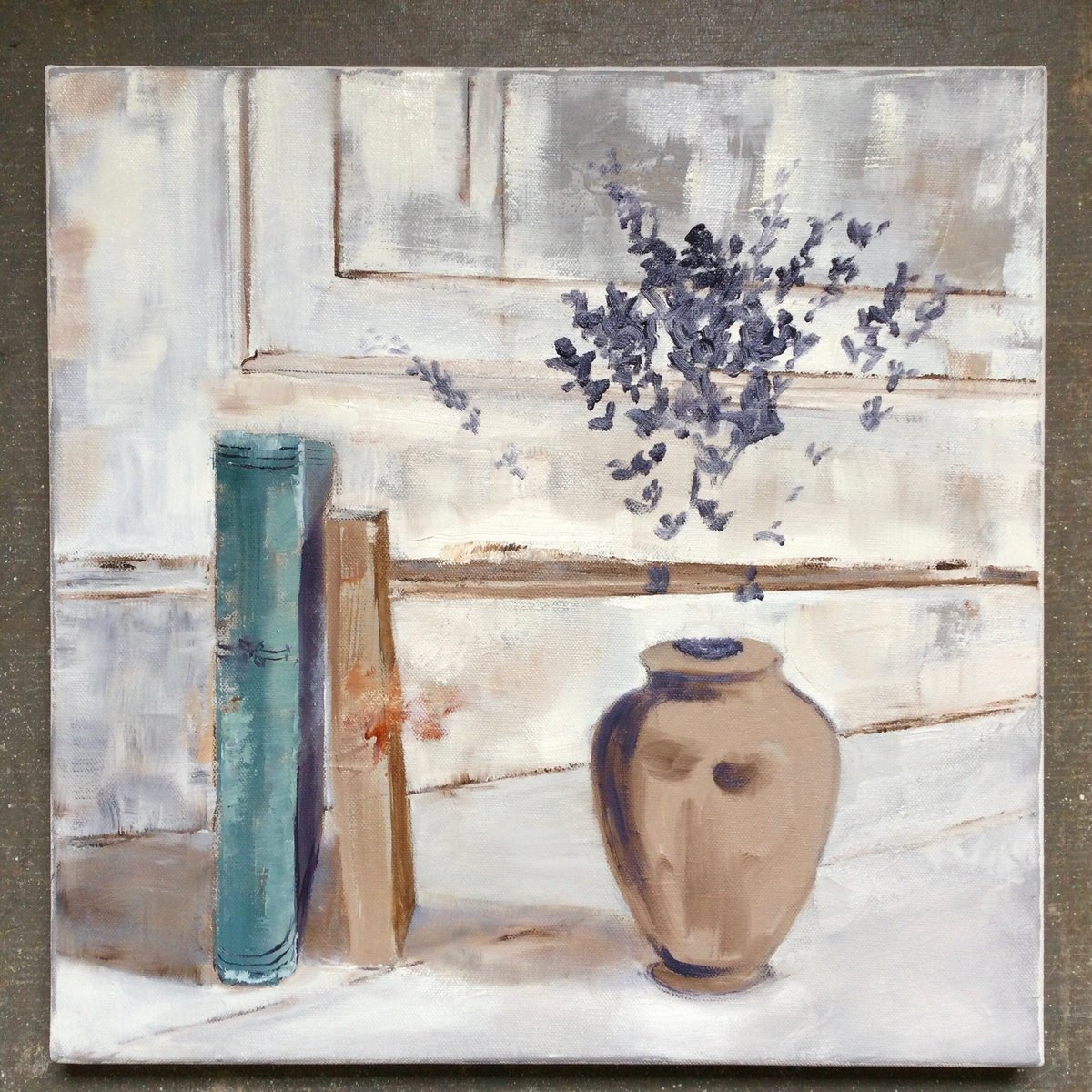 Impressionistic Still Life Oil Painting By Rebecca Pells, 16 X 16", English Lavender In France, Original Artwork
