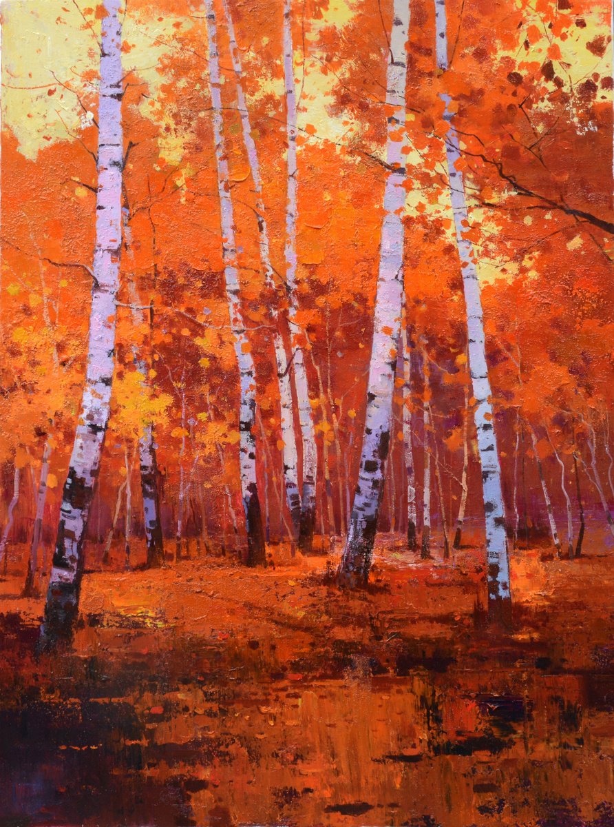 Impressionistic Landscape Acrylic Painting By Jianzhe Chon, 35 X 47, Birch Trees Forrest 090, Original Artwork
