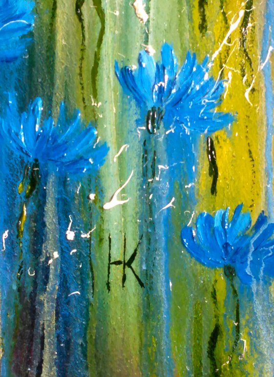 Daisy Painting Floral Original Art Cornflowers Oil Artwork Camomile Painting Meadow Wild Flowers Home Wall Art 12 by 20" by Halyna Kirichenko