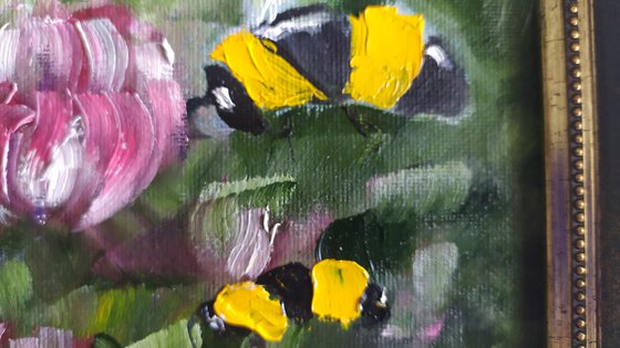 Bees, small framed oil painting, flower, gift idea, art for home