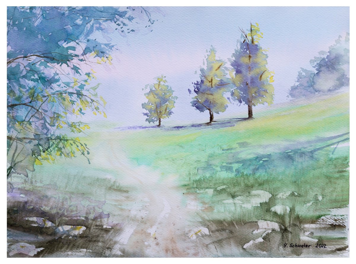 Impressionistic Landscape Watercolour By Yulia Schuster, 13 X 9", A Peaceful Jorney, Original Artwork