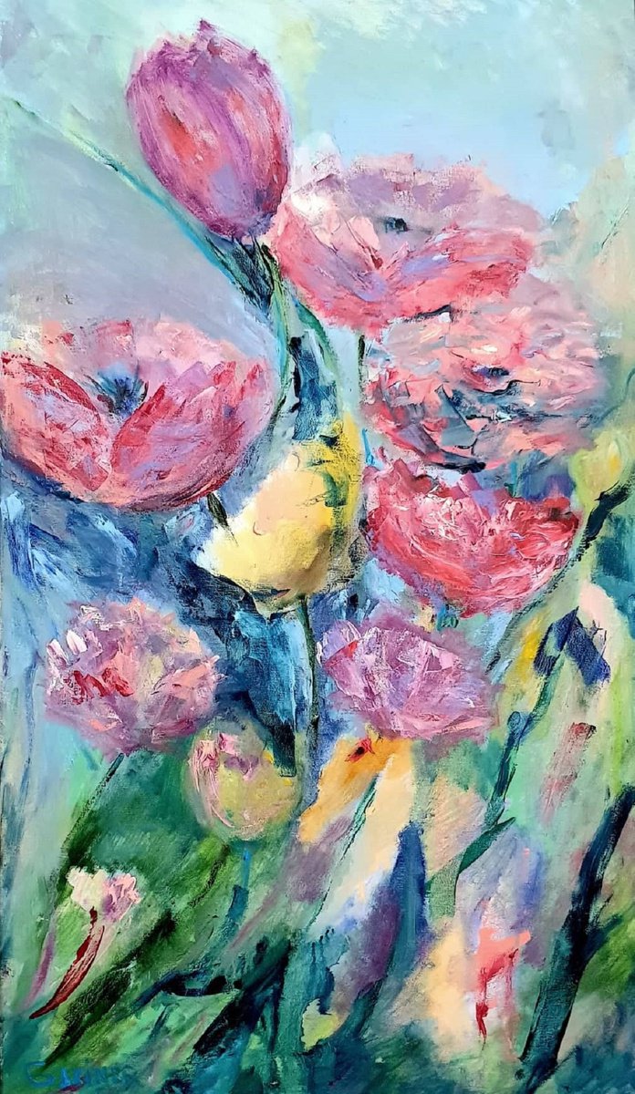 Expressive Botanical Oil Painting By Leo Baxiner, 24 X 39", Flower Bouquet, Original Artwork