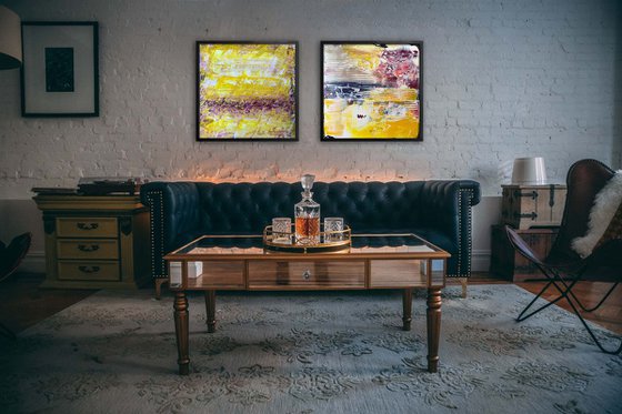 "What Are You, Yellow?" - Save As A Series - Original PMS Abstract Diptych Acrylic Paintings On Reclaimed Wood - 52" x 26"