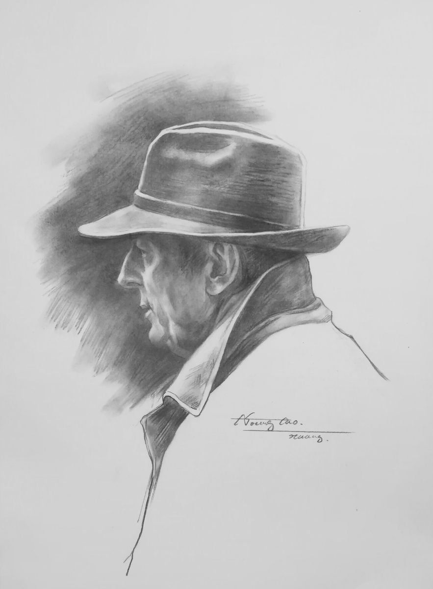 Illustrative Portrait Pencil Drawing By Hongtao Huang, 7 X 11, Portrait Of Man#24678, Original Artwork