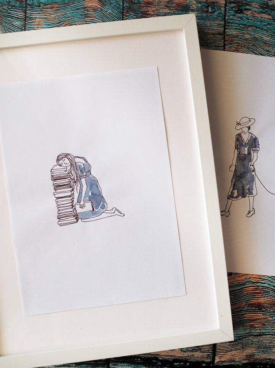 Set of 2 sketches with people - book lover girl and woman with goose