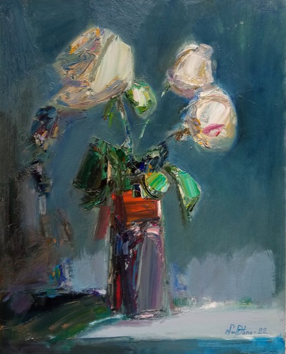 White flowers in vase (50x40cm, oil painting, palette knife)