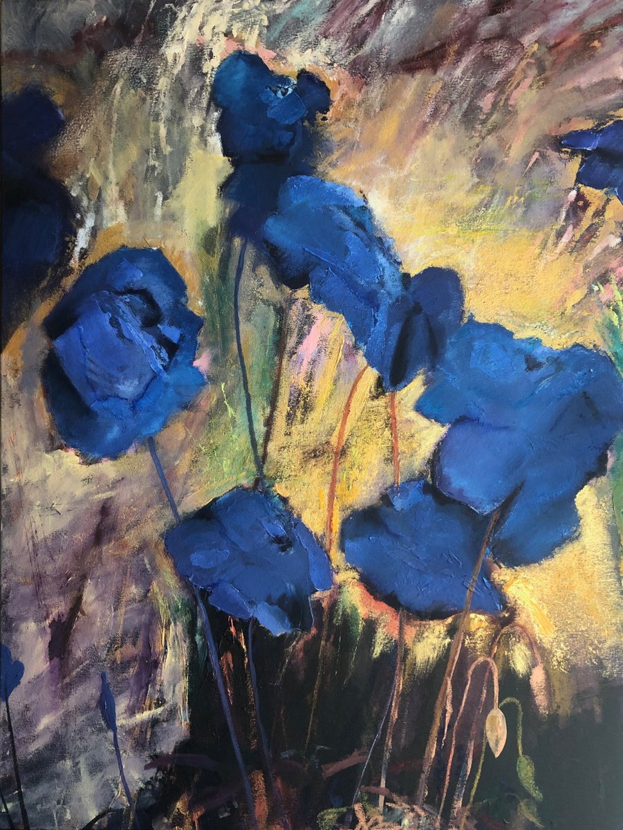 Impressionistic Botanical Oil Painting By Simon Jones, 24 X 31", Among Blue Poppies 3, Original Artwork