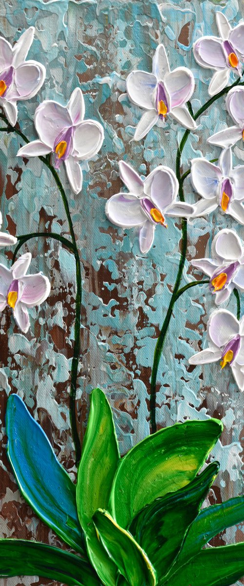 White Orchid - Impasto Floral Painting, Palette Knife Art by Olga Tkachyk