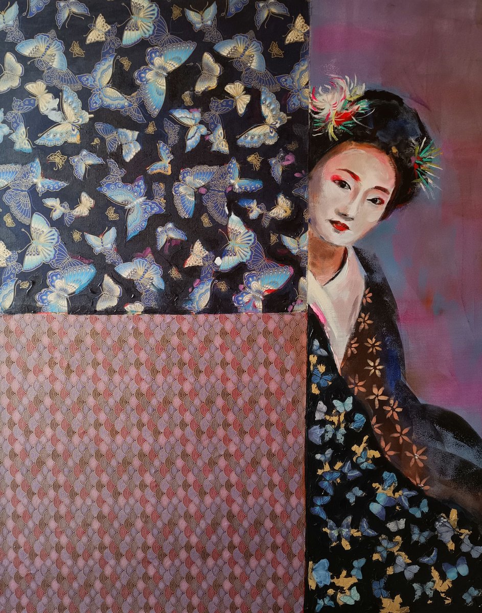 Expressive Portrait Acrylic Painting By Marina Del Pozo, 32 X 39", Gheisa #9, Original Artwork