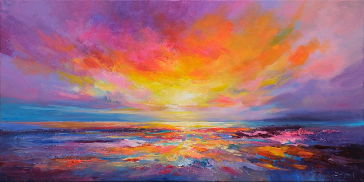 Expressive Landscape Oil Painting By Behshad Arjomandi, 39 X 20, Glowing Sunset, Original Artwork
