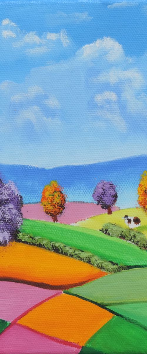 Rolling hills folk art 8" x 8" by Gordon Bruce