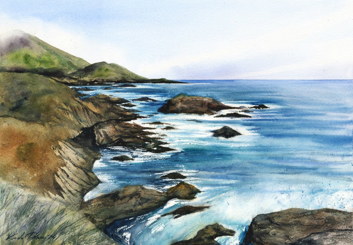 Photorealistic Landscape Watercolour By Tetiana Koda, 17 X 12", Cliff, Original Artwork