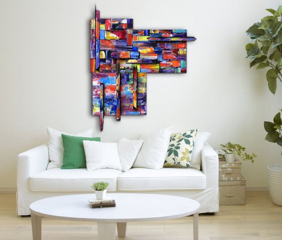 "Block Out" - Original Three-Piece Assembled PMS Mixed Media Sculptural Painting On Wood, Framed -  40 x 48 inches