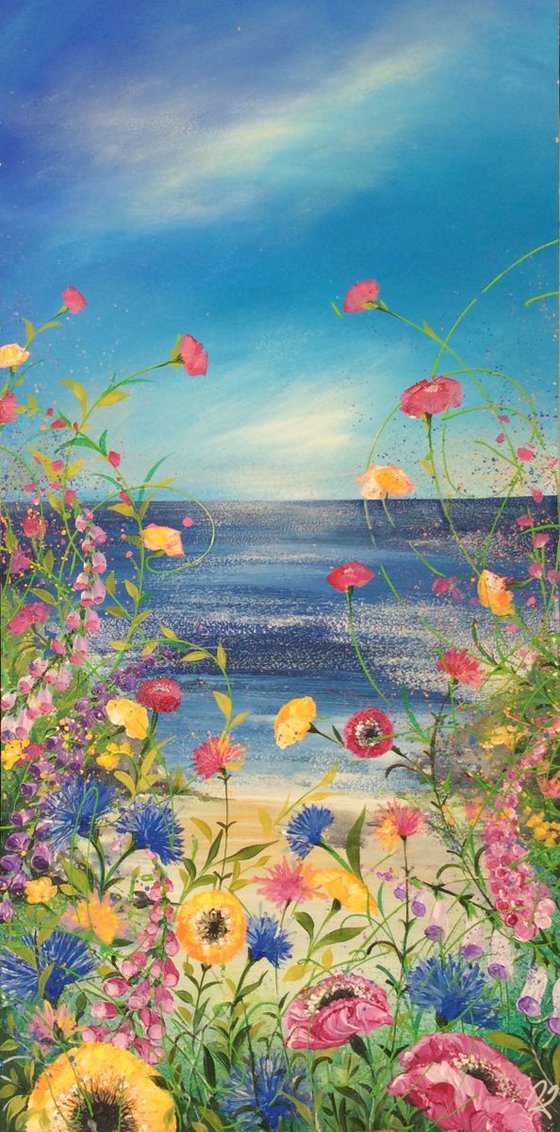 Cornflowers and Poppies by the Sea # large # Framed