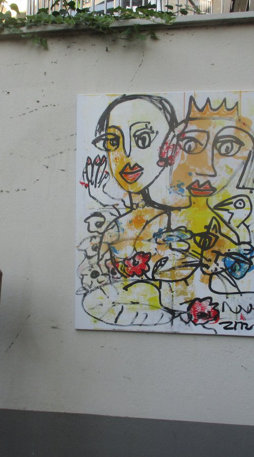 expressive girlfriends with cat, girl portrait 39,3 x 31,4 inch by Sonja Zeltner-Müller