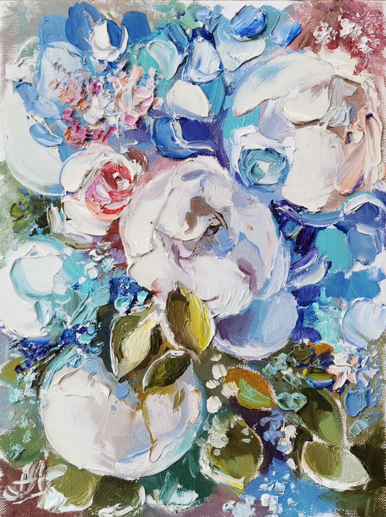 Blue flowers Paintings, Set of 2, Palette knife painting