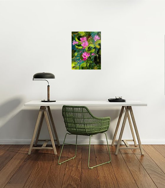 Water Lily Painting Floral Original Art Lotos Flower Oil Impasto Canvas Artwork Home Wall Art 14 by 18" by Halyna Kirichenko