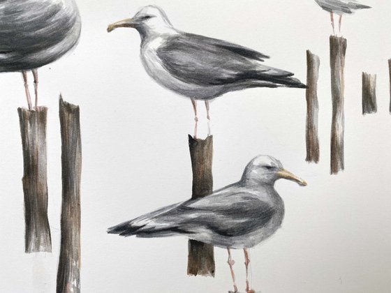 seagulls. One of a kind, original painting, handmade work, gift, watercolour art.