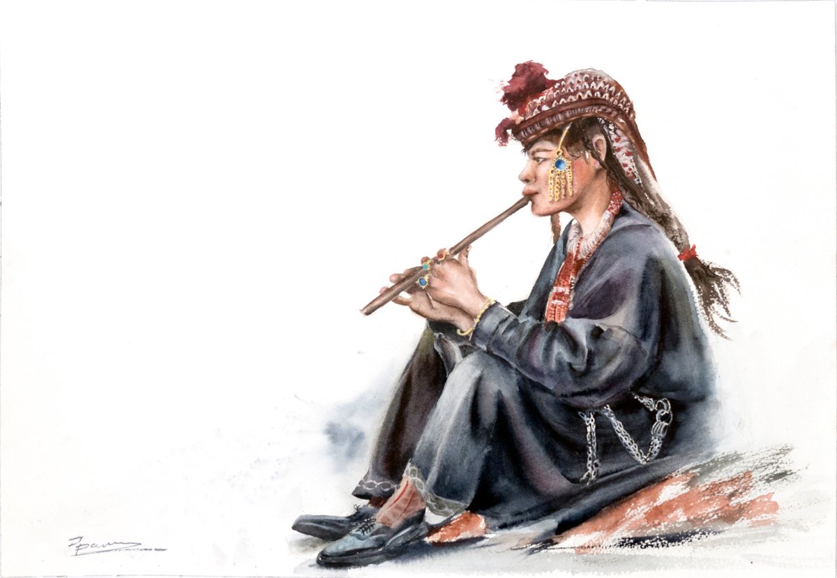 Impressionistic Watercolour , Dardic Musician By Olga Tchefranov (Shefranov), 20 X 14, Artwork For Sale On Artfinder