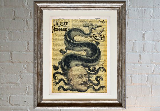 Musee des Horreurs: Le Traitre! - Collage Art Print on Large Real English Dictionary Vintage Book Page