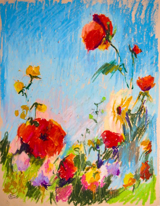 Summer field. Home isolation series. Oil pastel painting. Small original impression flowers, colors, interior gift decor provence