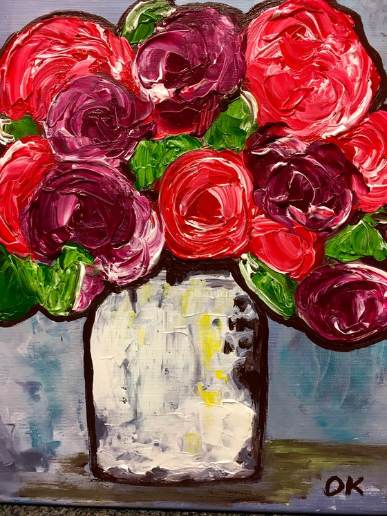 BOUQUET OF Red Bordo  Roses  #11 palette  knife Original Acrylic painting office home decor gift