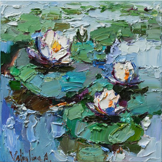 White Water Lilies - Pond flowers  Impasto Original Oil painting