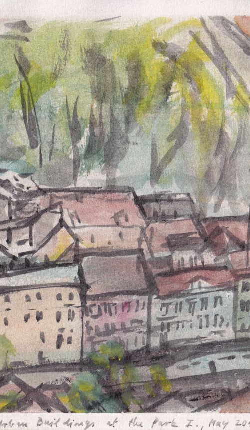 Set of Urban Buildings at the Park I, May 2016, acrylic on paper, 29,6 x 21,2 cm by Alenka Koderman