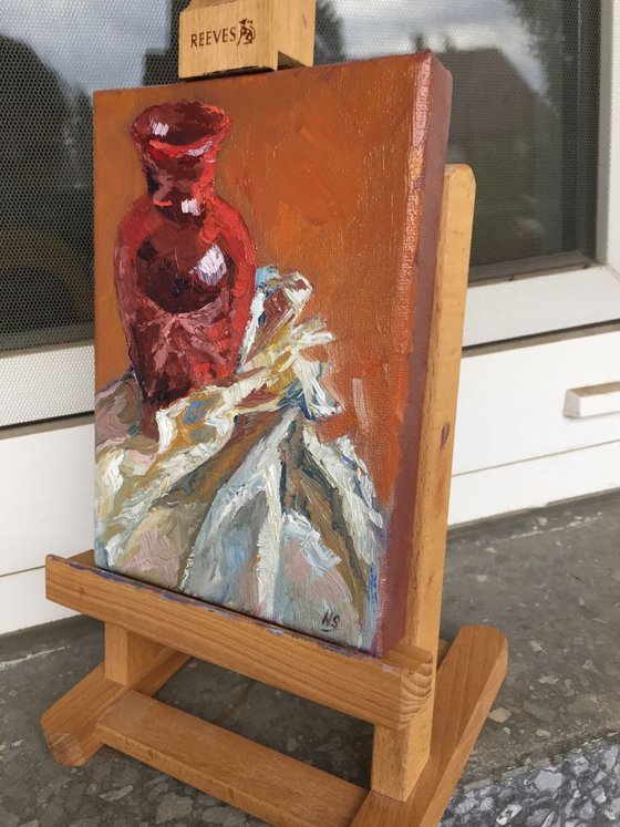 Red Vase and Fabric - Original Still Life