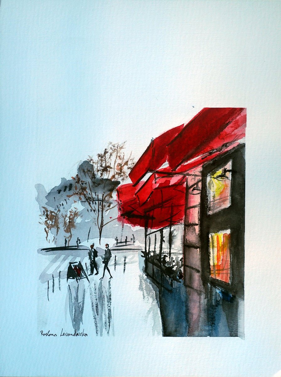 Impressionistic Cityscapes Watercolour By Ruslana Levandovska, 9 X 11", Parisian Cafe Watercolor, Original Artwork