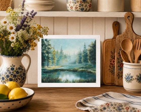 Misty lake in a pine forest