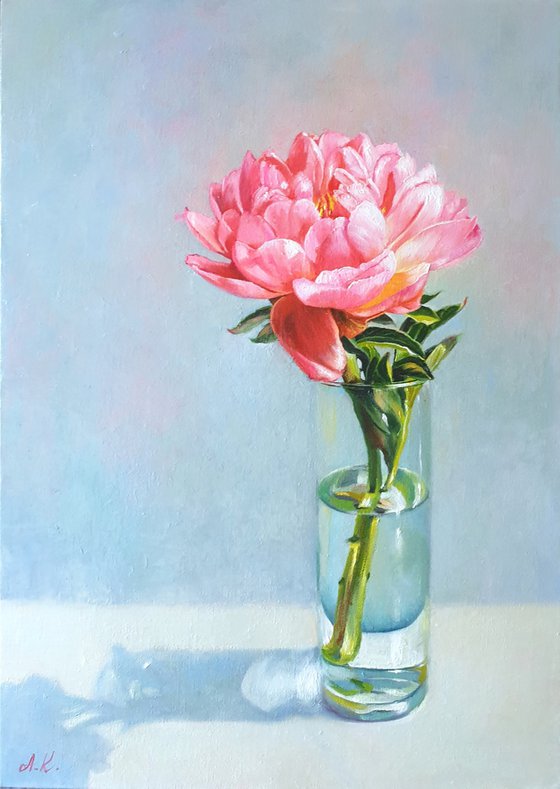 "Coral flashes. " peonies  flower  liGHt original painting  GIFT (2021)