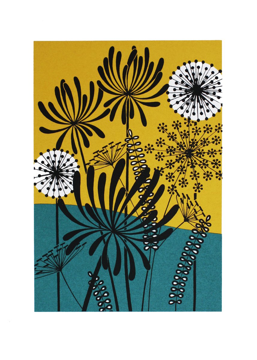 Botanical Screenprint By Kath Edwards, 10 X 14", Fireworks (Teal), Original Artwork