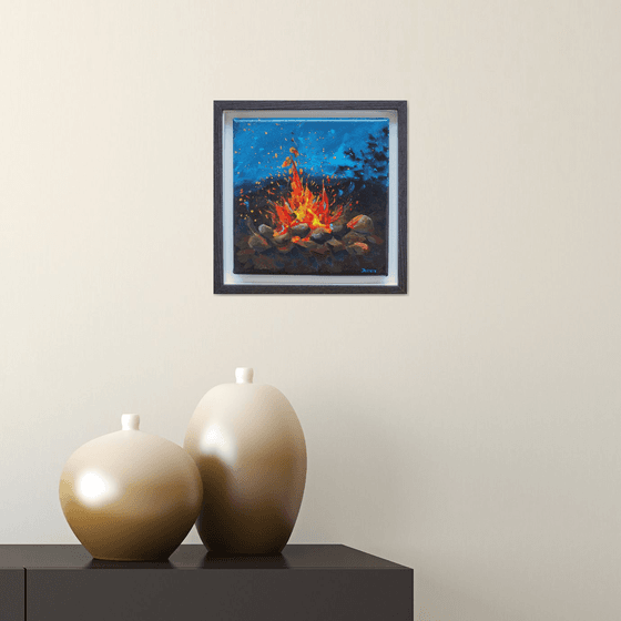 Bonfire - original painting, framed, ready to hang