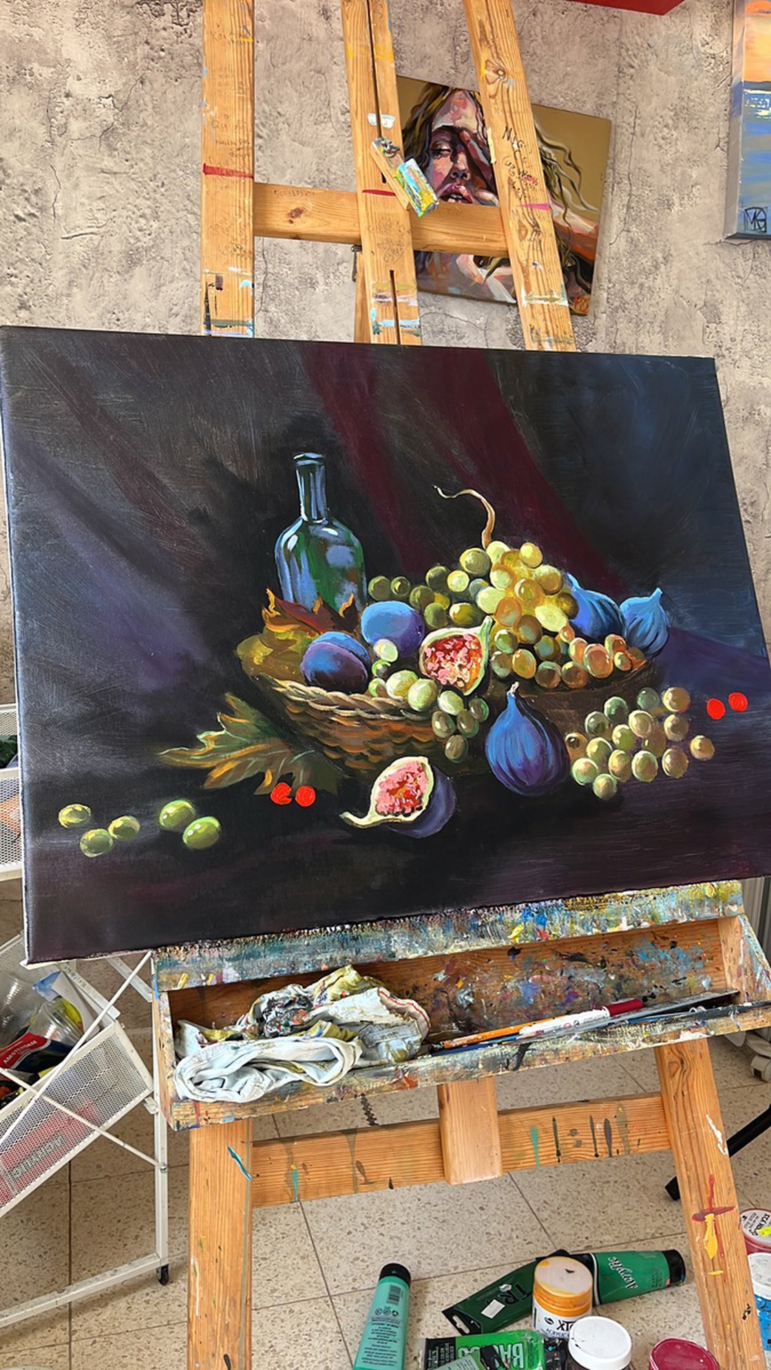 Still life with books and plants Acrylic painting by Maria Kireev