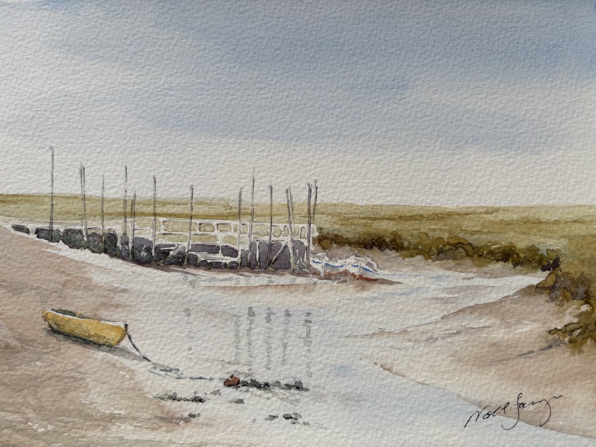 Impressionistic Landscape Watercolour By Noel Sawyer, 10 X 7", Low Tide At Morston Quay, North Norfolk, Original Artwork