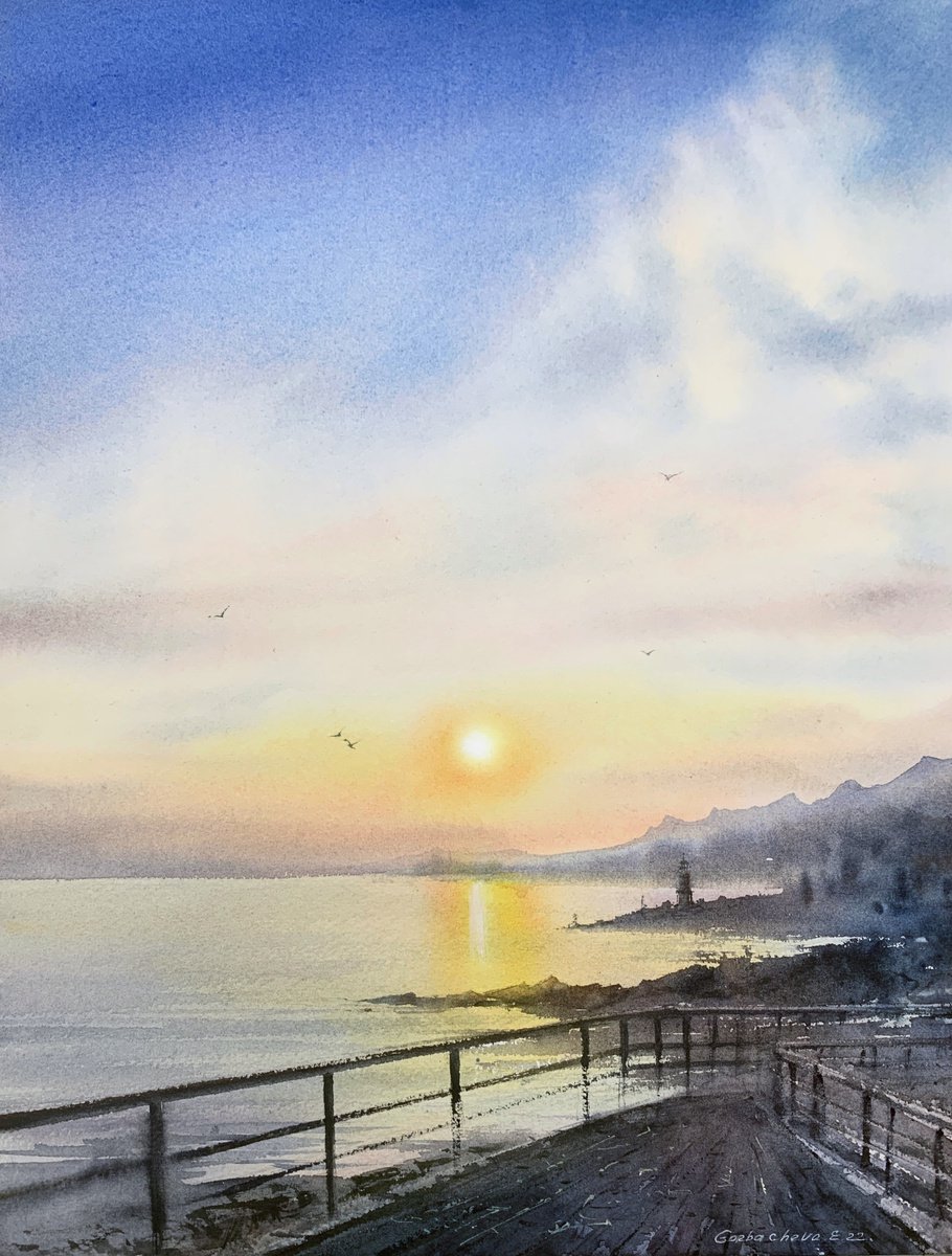 Impressionistic Landscape Watercolour By Eugenia Gorbacheva, 12 X 16, Sunset On The Sea Bridge #3, Original Artwork