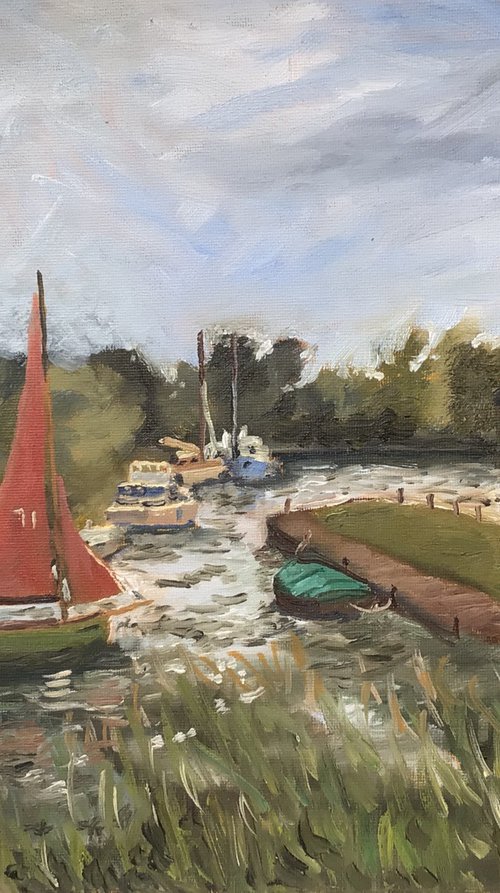 Red sails, An original plein air oil painting. by Julian Lovegrove Art