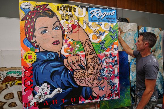 Rosie's Heart of a Lion 150cm x 150cm Rosie The Riveter Textured Urban Pop Art