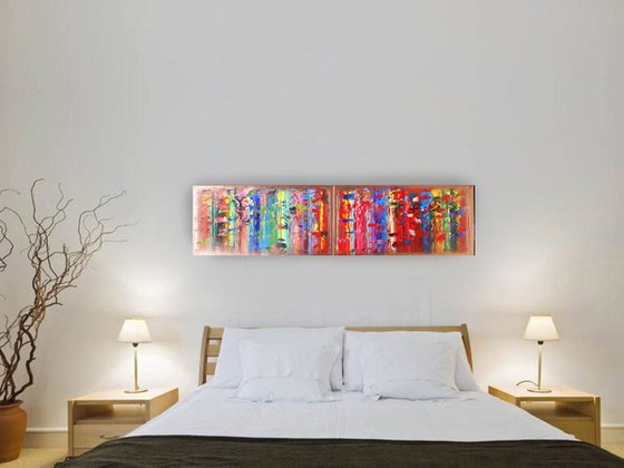 Rainbow A365 Large abstract paintings Palette knife 50x200x2 cm set of 2 original abstract acrylic paintings on stretched canvas