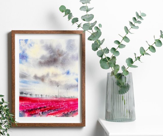 Pink tulips field in the Netherlands Watercolour Painting