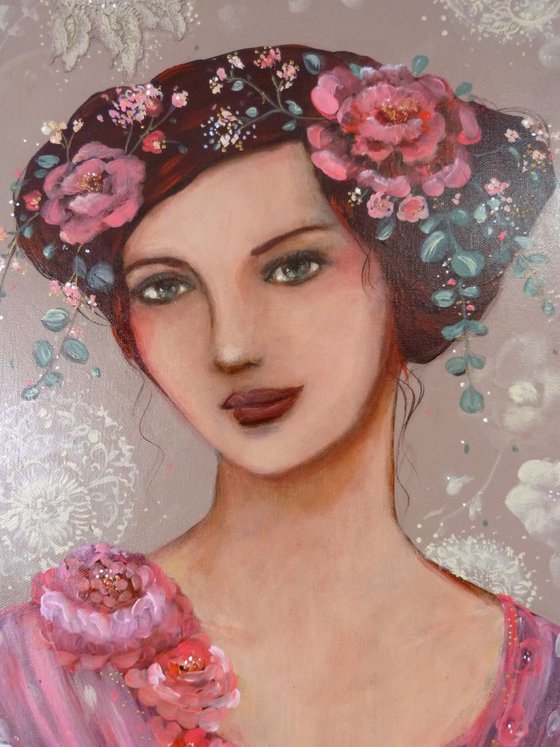 "Eglantine in april"  acrylic on round canvas 50cm