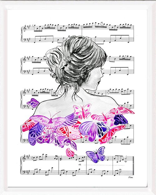 Music flies, watercolor on sheet music by Luba Ostroushko
