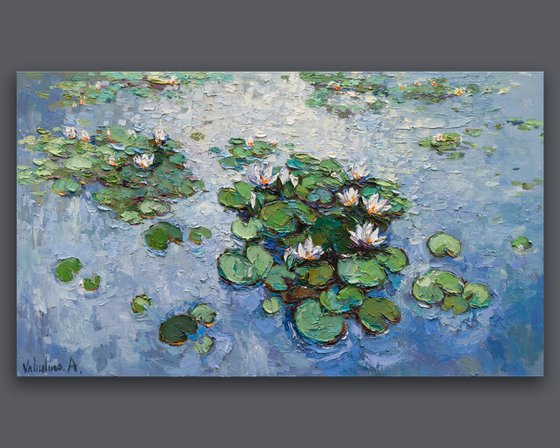 White Water Lilies - Large Original Oil painting 120 x 70 cm