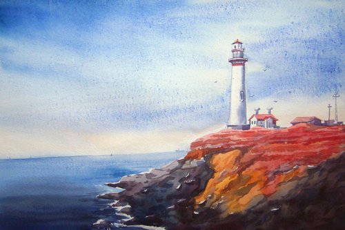 Lighthouse and Flowers land-Watercolor on Paper by Samiran Sarkar